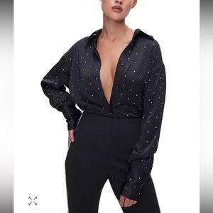 Good American Black Satin Button-Down Shirt with Silver Diamond Gems 💎